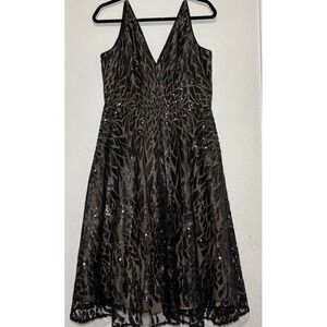 Dress The Population Black Elisa Sequin Lace Fit & Flare Cocktail Dress Size L
